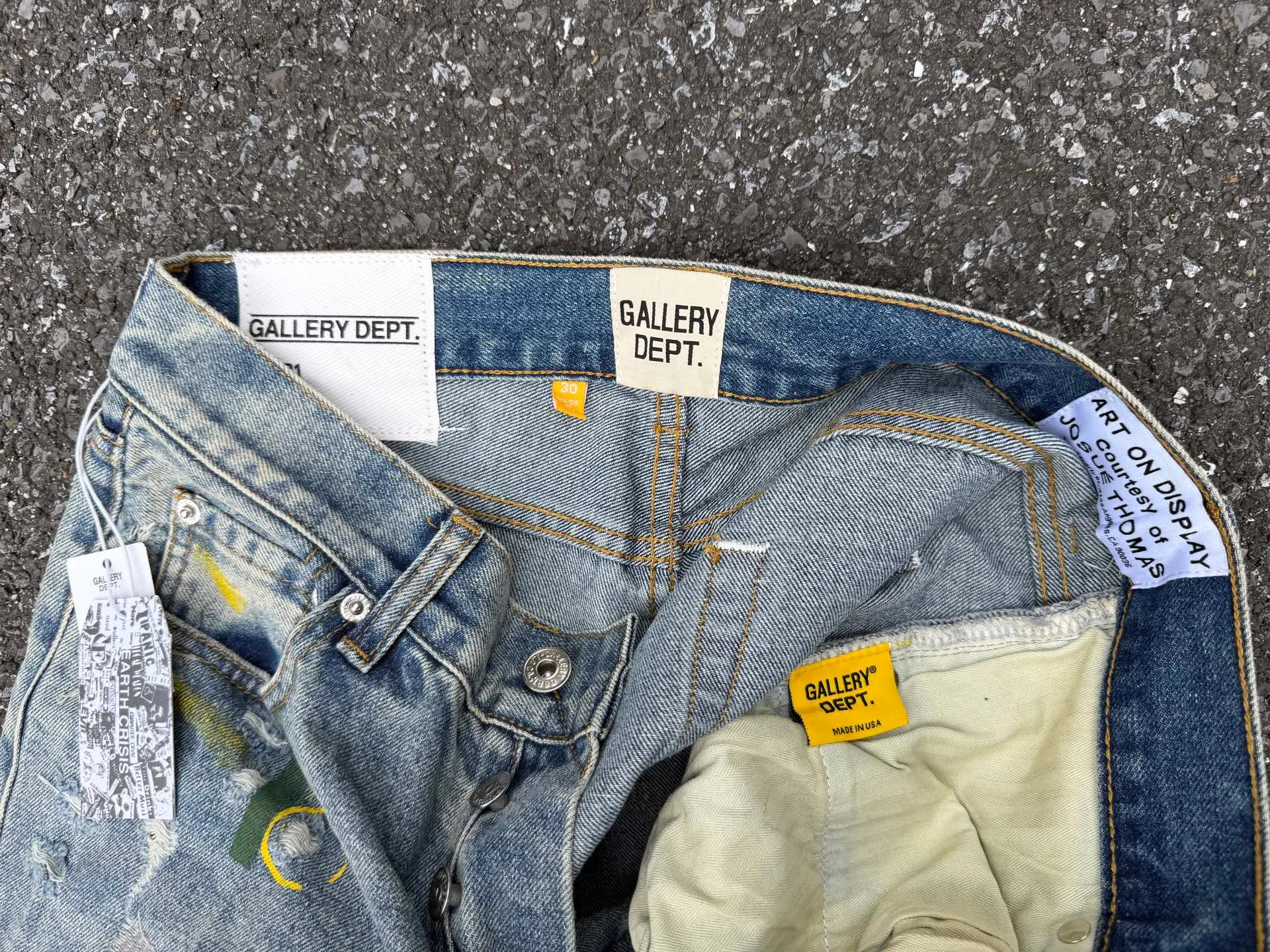P300💰GA02 Top heavy industry GALLERY DEPT. Spliced ​​ink splash paint hand-stitched holes washed retro jeans men and women high street splash ink pants micro-flared casual trousers trendy couple same style Size: 28 30 32 34 36 (corresponds to S M L XL XXL)